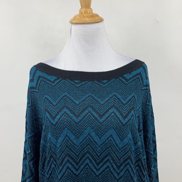 Express Sweater Women L Blue Black Chevron Knit Boat Neck Dolman Sleeve Pullover - Picture 3 of 12